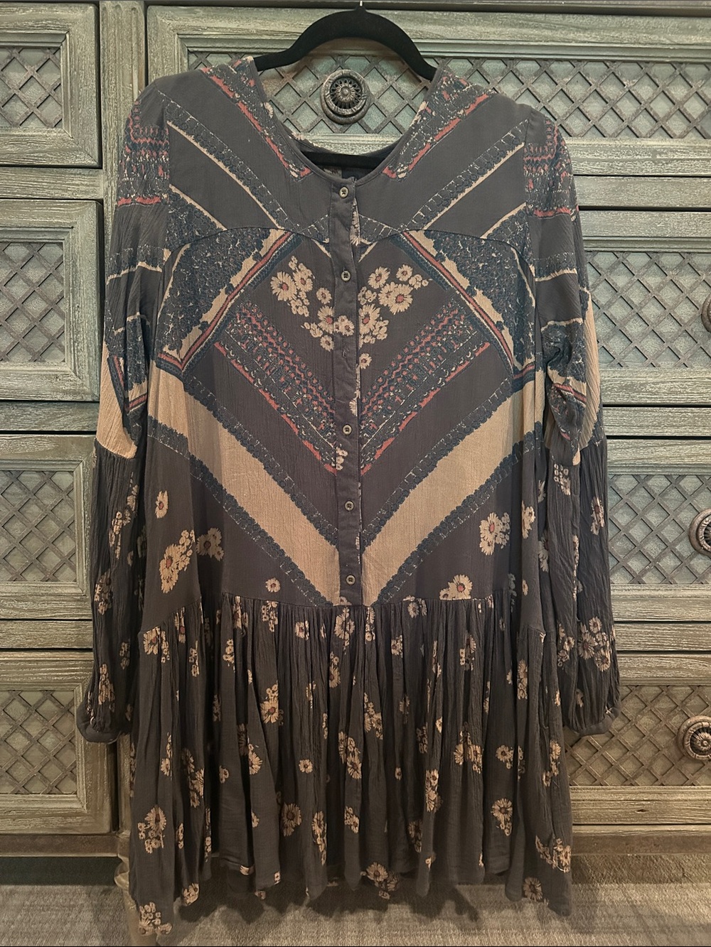 Free People Brown and Taupe Floral Button-Front Long Sleeve Tunic
